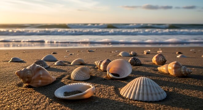Sunlit beach with seashells scattered on the wet sand, waves gently rolling in under a warm sunset sky, a serene coastal scene