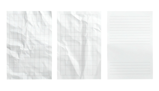 Three crumpled & smooth paper sheets in grid and lined styles