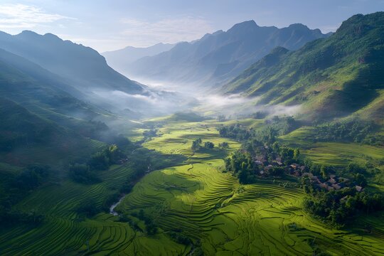 High‑resolution aerial view of a misty mountain valley with soft floating fog drifting between evergreen ridges and dawn light illuminating the rugged peaks rice terraces in the morning