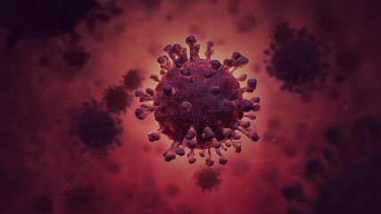 A highly detailed 3D render of a virus particle viewed under a microscope. This scientific illustration shows the complex surface structure of a pathogenic microorganism in a dark red bio environment - Powered by Adobe