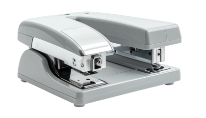 Dual gray stapler stands angled against plain white background