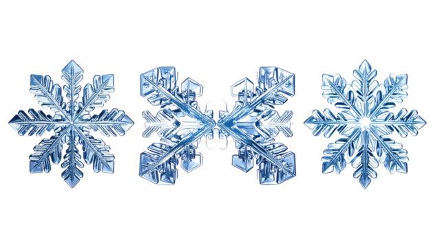 Trio of delicate, intricate, icy blue snowflakes on black