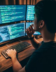 Over-the-shoulder view of young male programmer coding on multiple monitors in dimly lit room, software development and technology concept