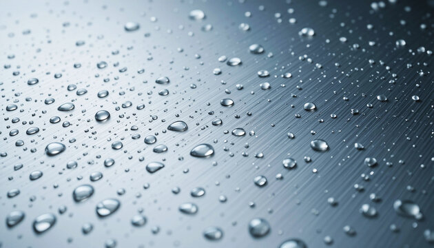 Close up of water droplets on a metallic surface with a cool blue tone
