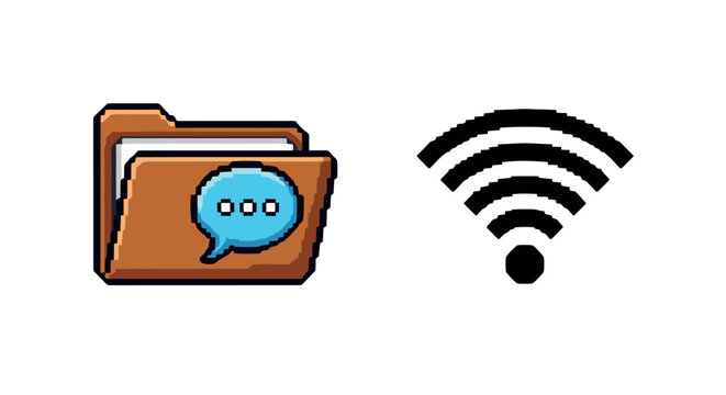 Pixel art folder with chat bubble and bold wifi signal