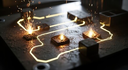 Close up of a circuit board with glowing traces and sparks flying off