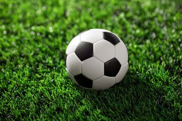 Realistic soccer ball resting on vibrant green grass during a sunny day, showcasing the classic black and white pattern of the ball