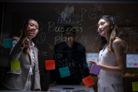 Asian businesswomen collaborating on business plan using glass board