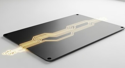 Circuit board with glowing traces isolated on white background, top view