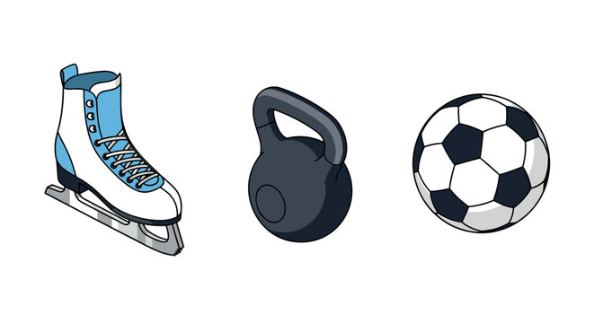 Sports gear collection ice skates, kettlebell, and soccer ball in modern design