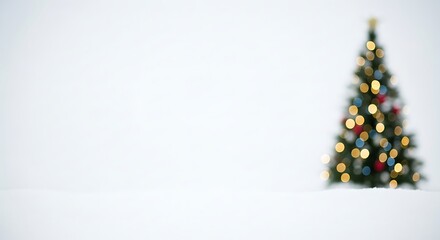 A blurred image of a decorated Christmas tree with lights in the snow, evoking a sense of winter festivity and holiday cheer with a serene background perfect for seasonal greetings and designs