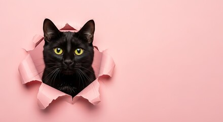 A curious black cat with bright yellow eyes peeks through a torn opening in a soft pink paper background, showcasing its sleek fur and playful nature