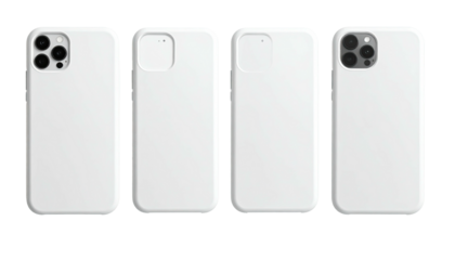 Four white phone cases with varying camera cutouts