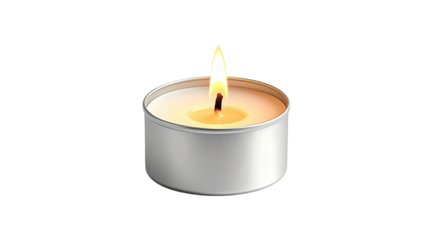Small, flickering tea light candle with a bright flame on black