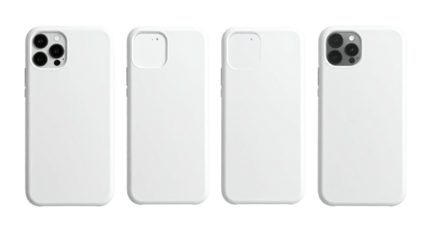 Four white phone cases with varying camera cutouts