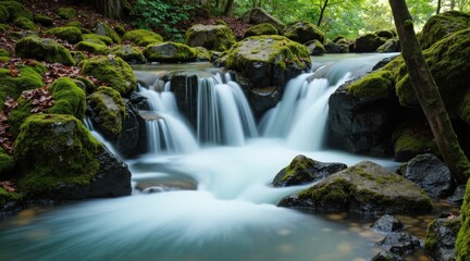 Fototapeta premium Serene Waterfall Cascading Over Mossy Rocks in Tranquil Forest Scene