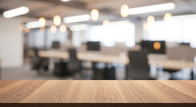 Blurred office background with wooden desk in the foreground, perfect for product displays or presentations