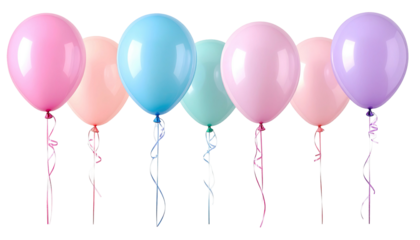 Pastel balloons, ribbons cascading down on a black background