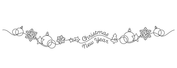 christmas new year banner celebration frame border decorative. winter season greeting xmas baubles, christmas tree and snowflake stars thin line illustration minimalism handdrawn seamless pattern