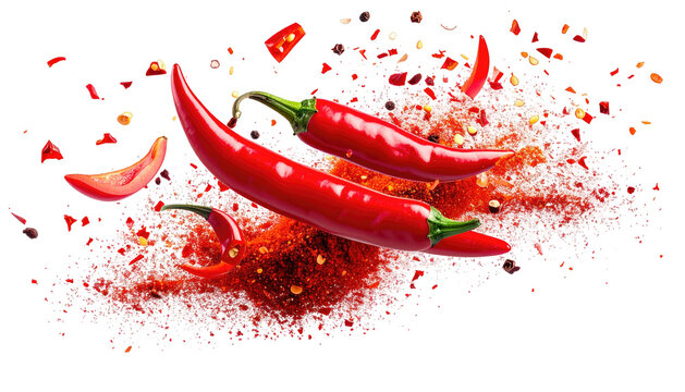 Vibrant red chili peppers amidst a fiery spice cloud