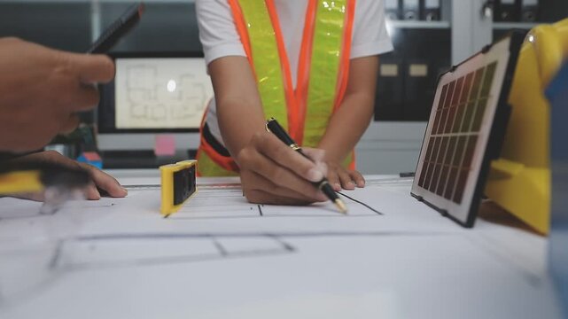 team of multiethnic architects working on construction plans in meeting room engineers discussing on project in office mature businessman and woman standing around table working on blueprint no logos