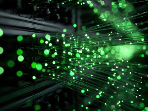 Green light trails create a vibrant and dynamic visual effect in a digital environment, showcasing energy and motion