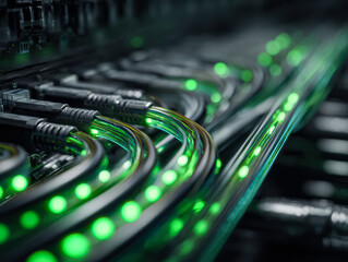 Glowing green lights illuminate network cables in a modern data center, highlighting advanced technology and connectivity