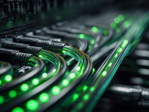 Glowing green lights illuminate network cables in a modern data center, highlighting advanced technology and connectivity