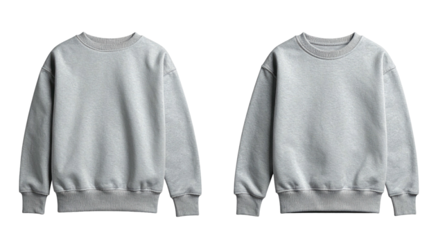 Two plain grey sweatshirts, front and slightly angled views - Powered by Adobe
