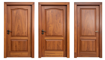 Three ornate, brown wooden doors stand against a black background
