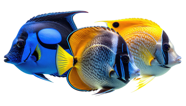 Trio of colorful tropical reef fish with intricate patterns