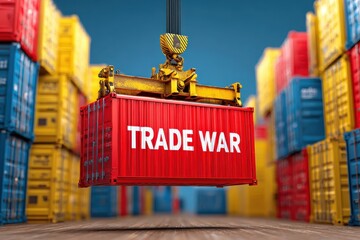Obraz premium Crane lifts red container labeled TRADE WAR amidst colorful shipping containers in a busy port environment at daytime