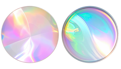 Two shiny, iridescent orbs refract light in swirling patterns