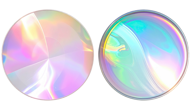 Two shiny, iridescent orbs refract light in swirling patterns