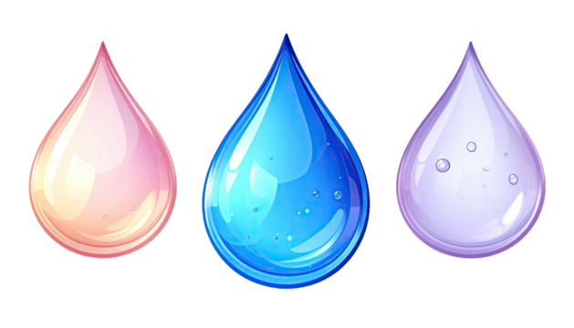 Three stylized, glossy, colorful teardrop-shaped droplets