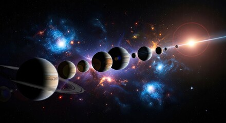 A breathtaking cosmic ballet unfolds as planets align in a celestial dance, their ethereal glow illuminating the vast expanse of space, a symphony of light and color