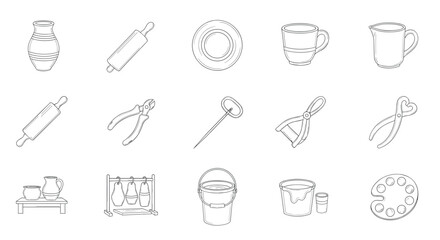 Linear pottery tools and kitchen utensils set for craft and culinary art enthusiasts