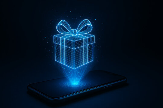 Holographic gift box projection above smartphone glowing in dark background, futuristic digital present concept symbolizing online shopping innovation, virtual holiday technology illustration with blu