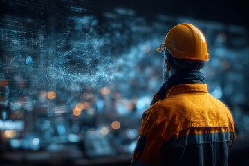 Industrial worker examines digital network visualization in a modern facility, showcasing the integration of technology in industrial operations during evening hours