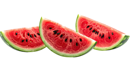Three juicy watermelon wedges display a red and seedy interior