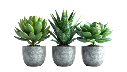 Three potted succulents against black. Dark gray pots match