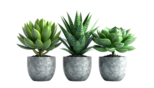 Three potted succulents against black. Dark gray pots match
