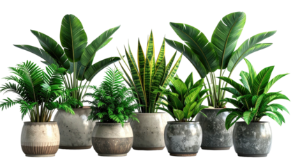 Potted greenery clusters with varied textures and shades