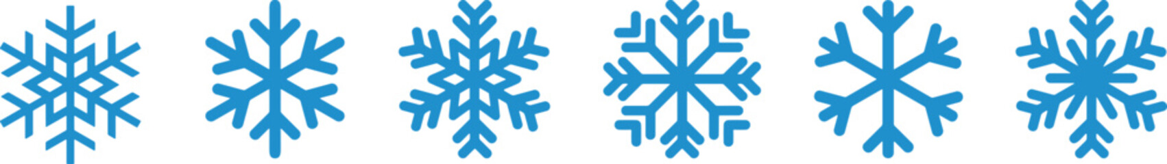 Snowflake icons vector illustration set with six unique blue designs, winter season symbol, cold weather, Christmas decoration, holiday graphic