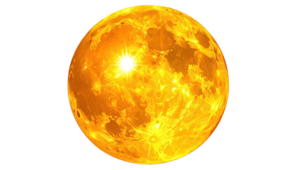 Orange orb with craters and bright central light on dark backdrop