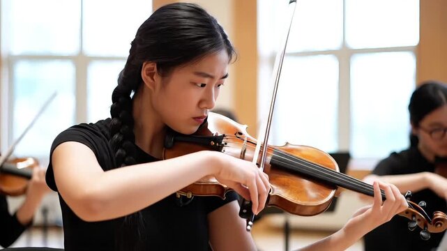 Young woman with braided hair playing the violin in a bright room with other musicians