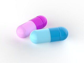 Blue and pink antibiotic capsules on a white background