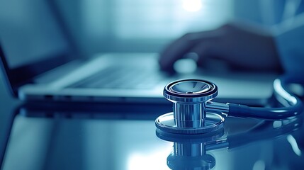 Close-up of stethoscope on glass desk, blurred doctor typing on laptop, white-walled clinic, overhead LED lights creating soft glow. Created Using: macro lens, documentary style, cool tones,