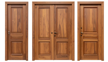 Trio of wooden doors, two single and one double configuration
