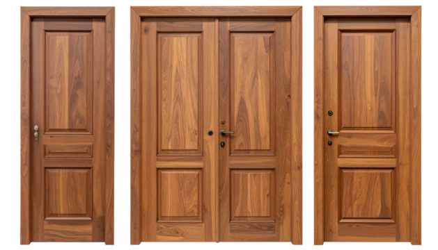 Trio of wooden doors, two single and one double configuration